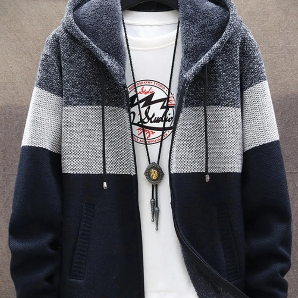 Men's Knit Cardigan Hooded Jacket In Navy Blue - Picture 2 of 4